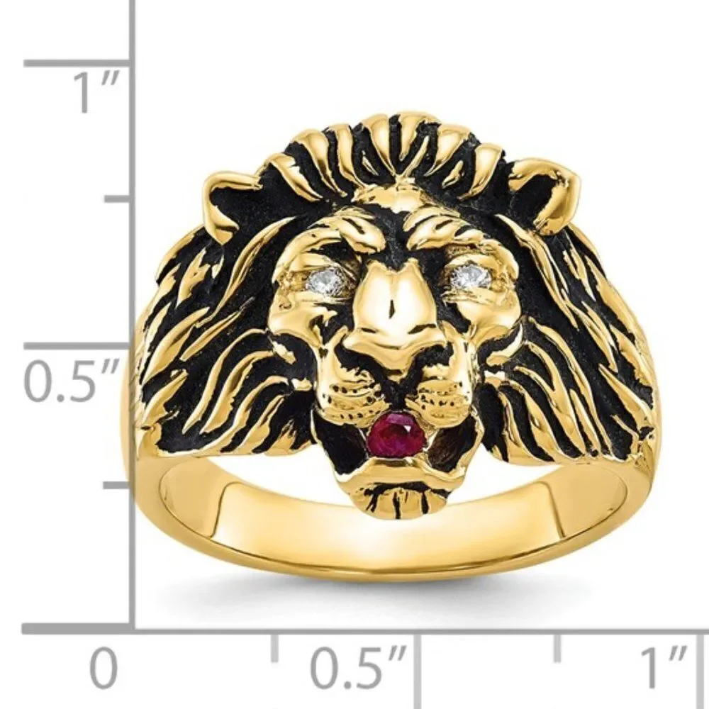 10k IBGoodman Men's Diamond and Ruby Antiqued Lion Complete Ring